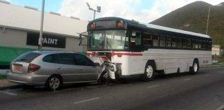 Head on collision between a family car and a School Bus