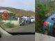 Green Hyundai car slid into a ditch