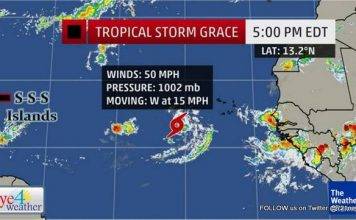 5PM UPDATE… Eye4weather: Tropical Storm Grace a little stronger…