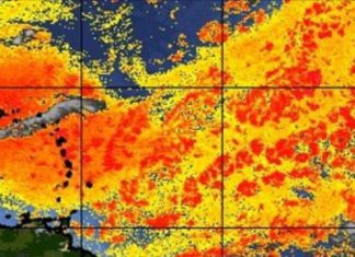 Partly Cloudy, HOT, and Hazy with slight chance of a brief shower