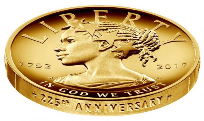 Handout photo of the new $100 gold coin featuring an African-American woman as the face of Lady Liberty for the first time in the history of U.S. currency is shown in this photo in Washington, D.C.