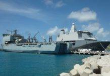 British RFA Mounts Bay Landing Ship Dock in Port for Transfer of Hurricane Relief Goods and Equipment