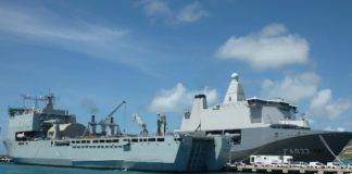 British RFA Mounts Bay Landing Ship Dock in Port for Transfer of Hurricane Relief Goods and Equipment