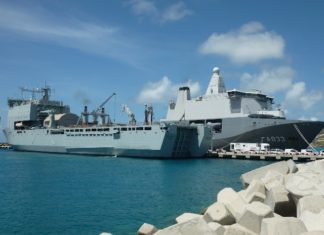 British RFA Mounts Bay Landing Ship Dock in Port for Transfer of Hurricane Relief Goods and Equipment