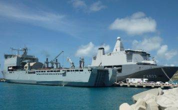 British RFA Mounts Bay Landing Ship Dock in Port for Transfer of Hurricane Relief Goods and Equipment
