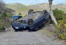 Car flips over in Statia