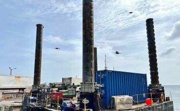 Pontoon assembled for off-land soil investigation Black Rocks Harbor
