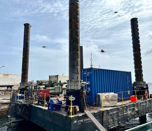 Pontoon assembled for off-land soil investigation Black Rocks Harbor
