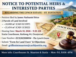 Notice to potential heirs and interested parties regarding Lynch Estate (St. Eustatius)