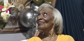 Richinel Brug congratulates Mrs. Dorothy Serrant on her remarkable 100th birthday